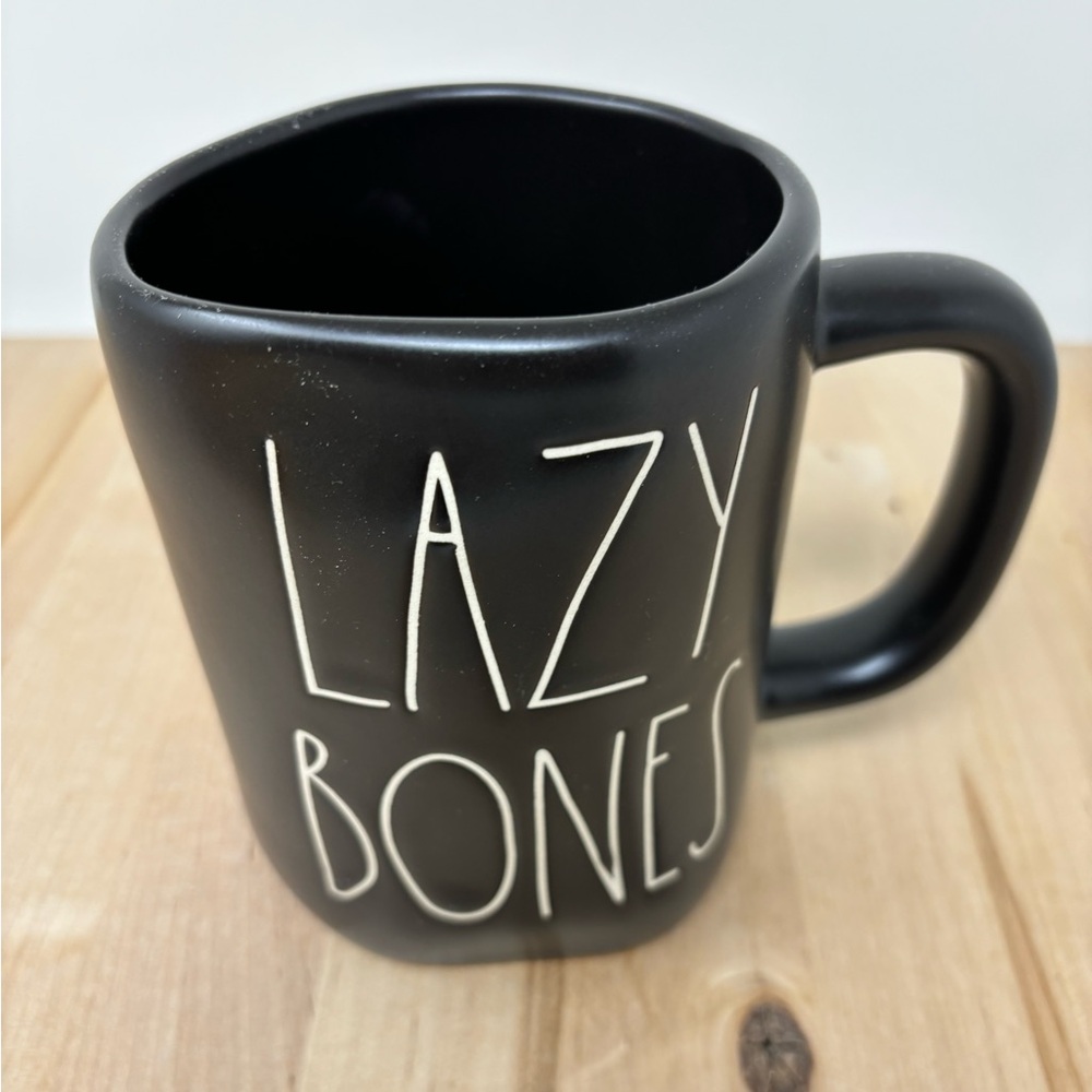 Rae Dunn LAZY BONES Mug Black Ceramic with White Lettering New